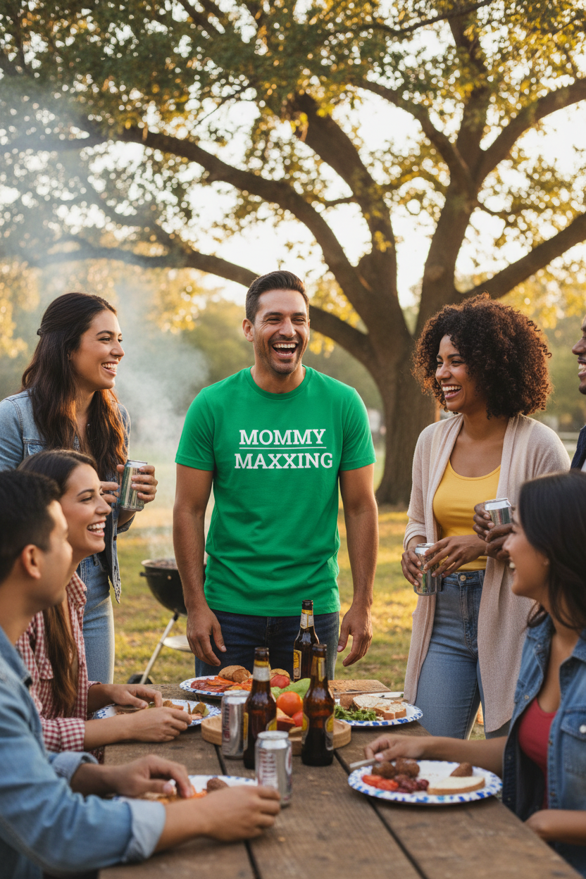 Latino man wearing green MOMMY_MAXXING t-shirt at outdoor cookout with group of friends
