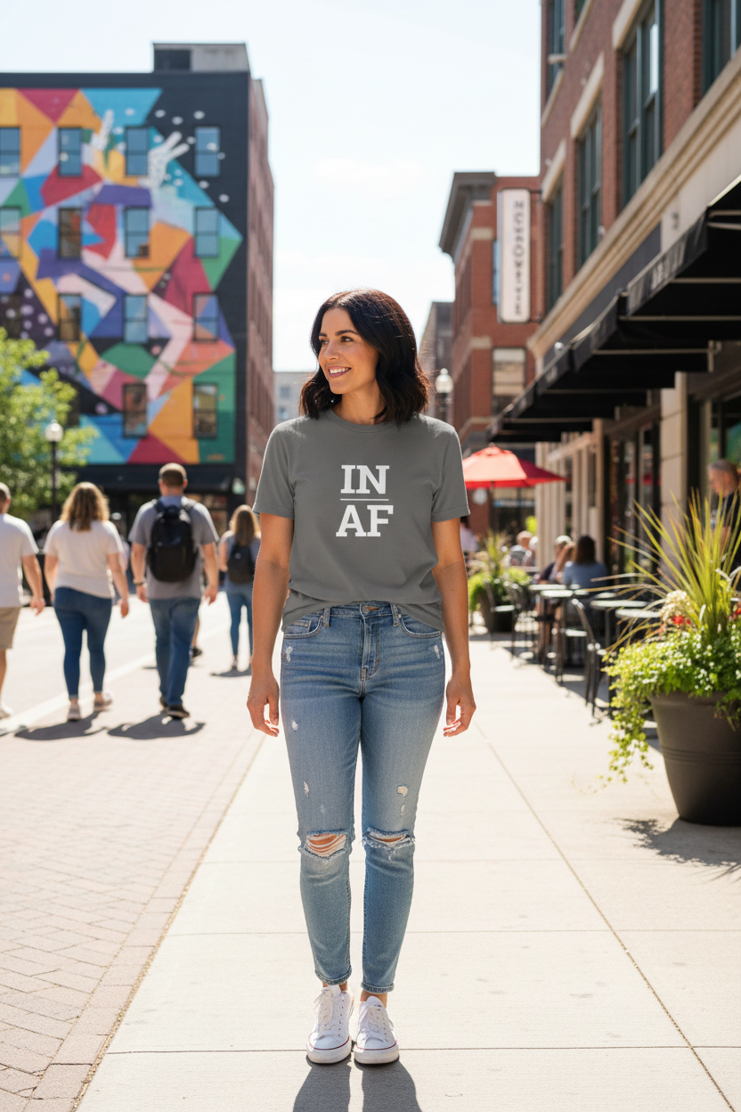 Person wearing grey Indiana t-shirt on Mass Ave in Indianapolis