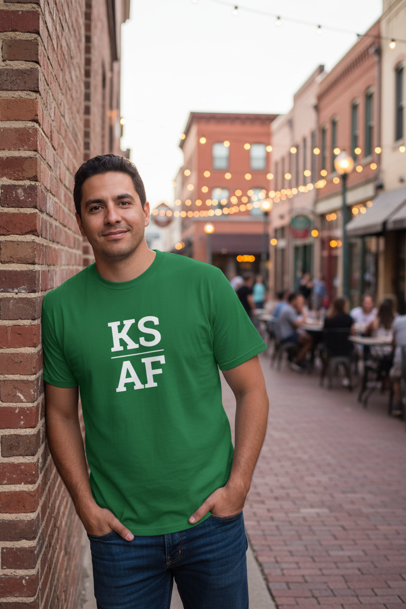 Person wearing green Kansas t-shirt in Wichita Old Town