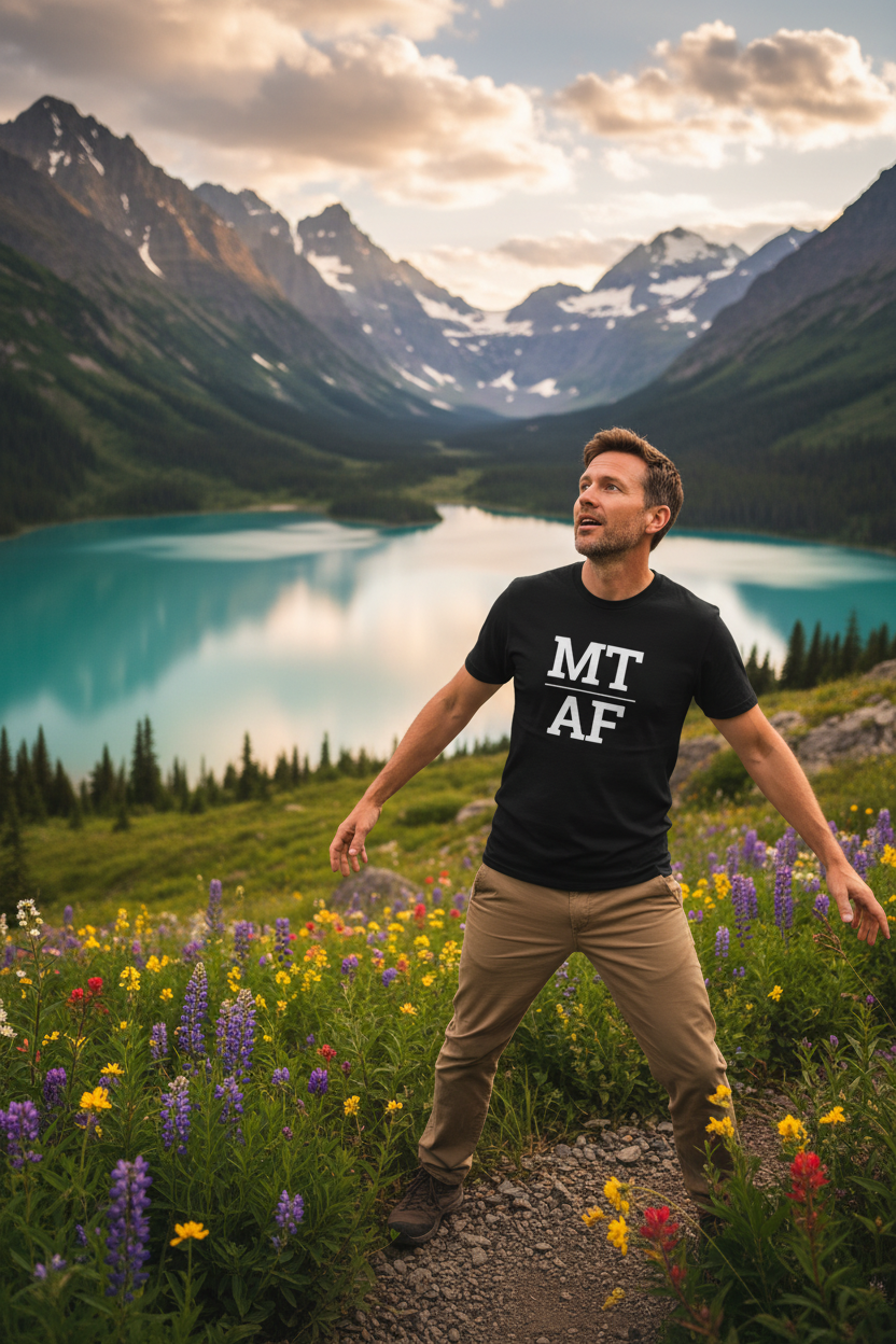 Person wearing black Montana t-shirt at Glacier National Park