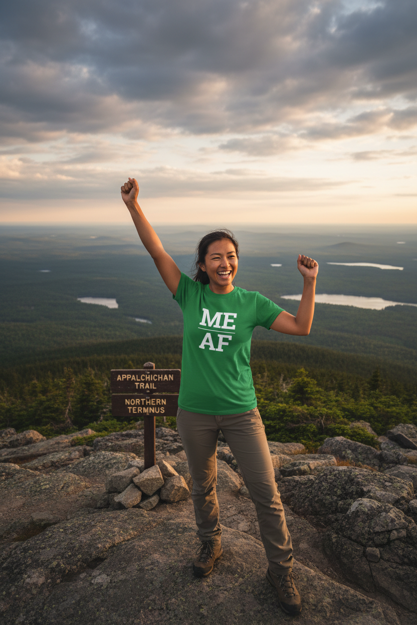 Person wearing green Maine t-shirt at Mount Katahdin