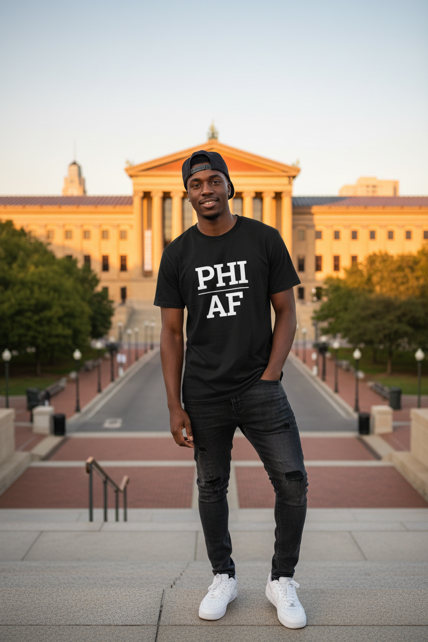 Model wearing PHI_AF black tee at the Rocky Steps, Philadelphia Museum of Art, Philadelphia, PA