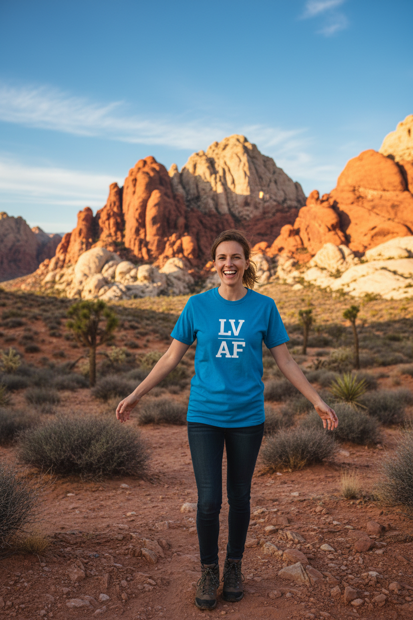 White woman wearing sapphire LV_AF t-shirt at Red Rock Canyon near Las Vegas