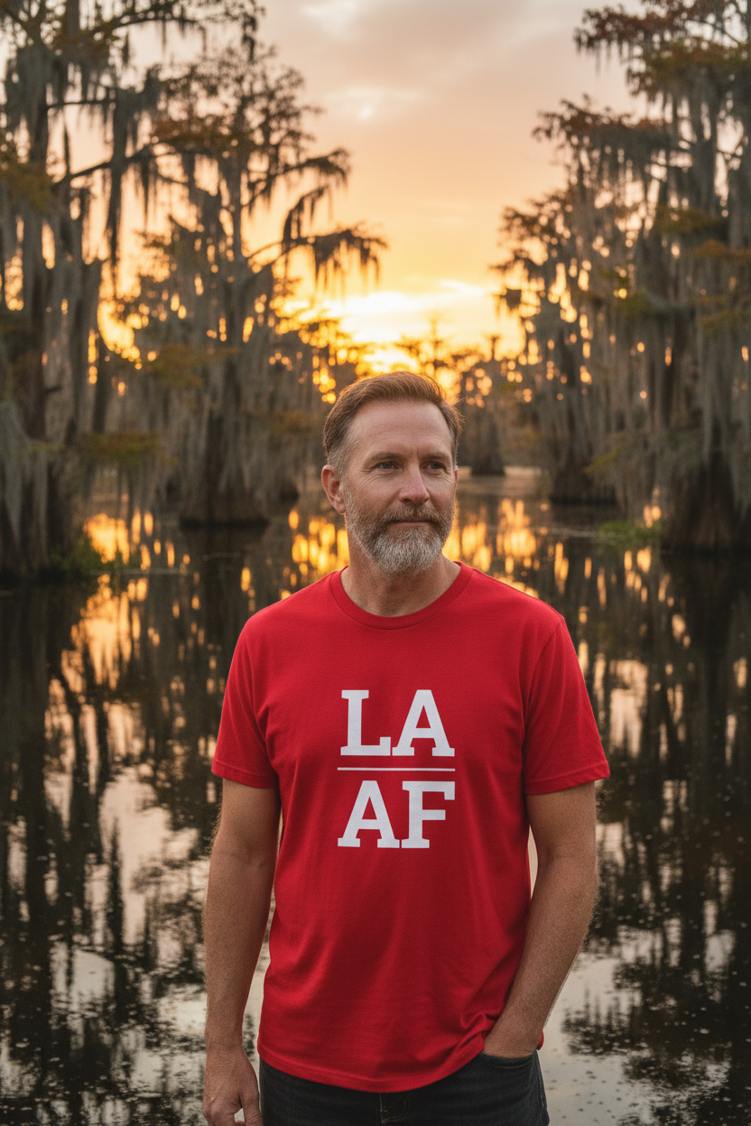 Person wearing red Louisiana t-shirt at the Louisiana bayou
