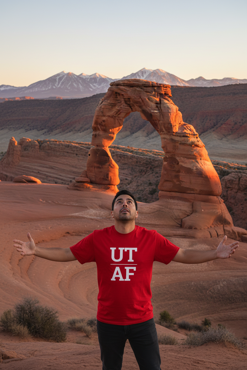 Person wearing red Utah t-shirt at Delicate Arch