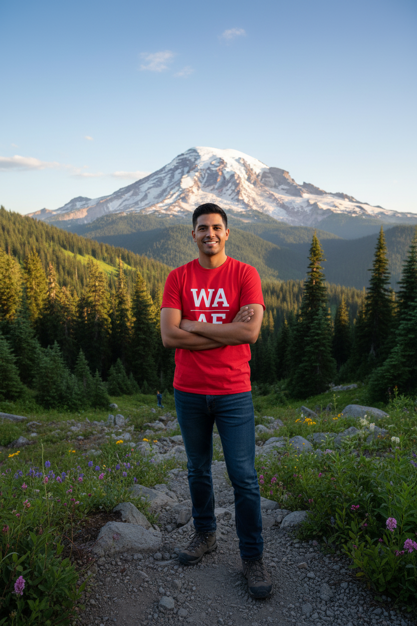 Person wearing red WA_AF t-shirt at Mount Rainier