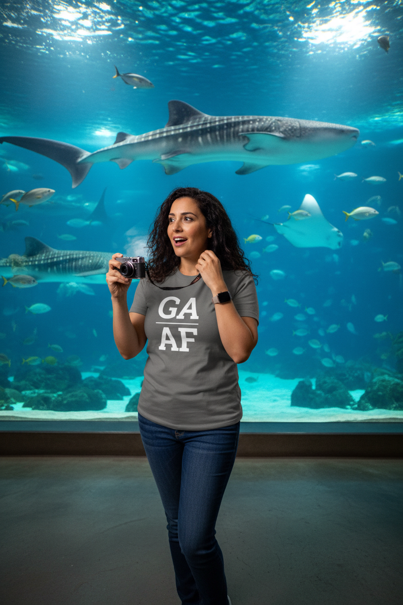 Person wearing grey Georgia t-shirt at the Georgia Aquarium