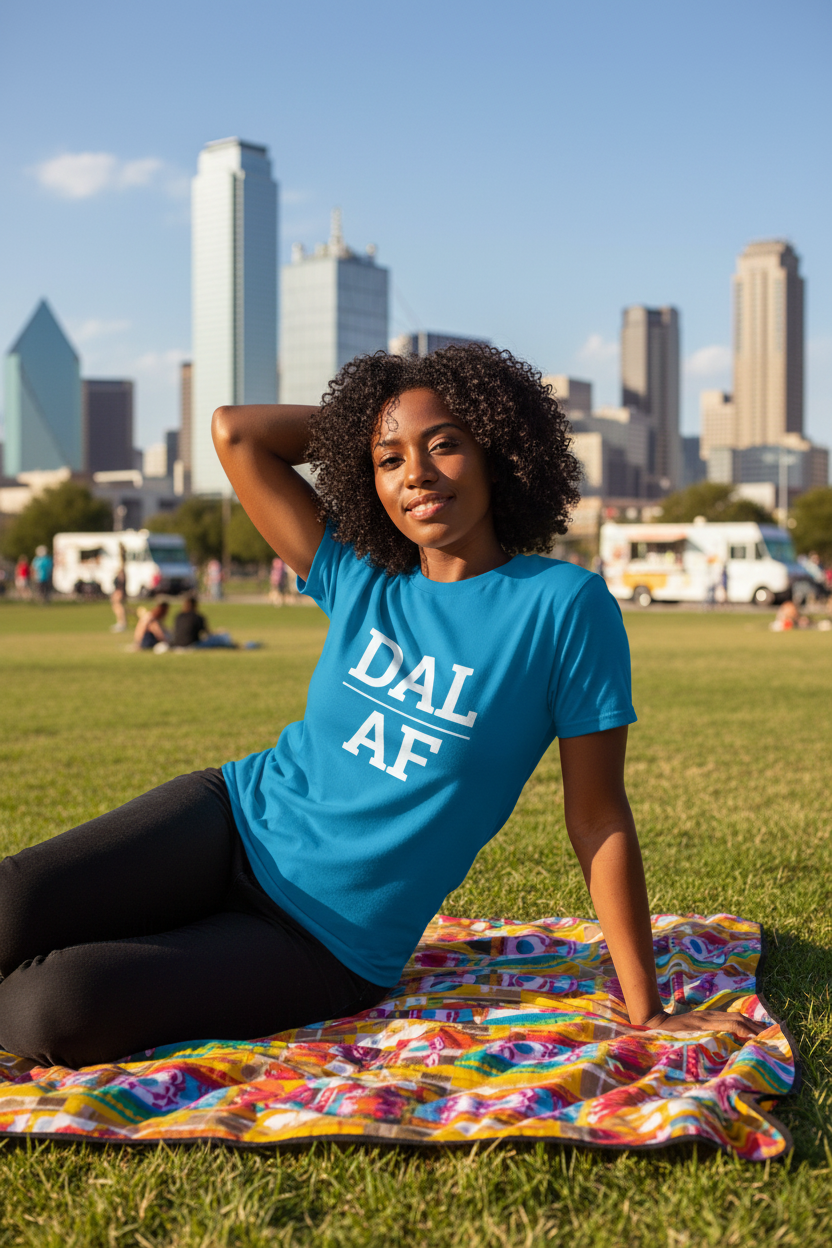 DAL_AF sapphire blue shirt at Klyde Warren Park, Dallas TX