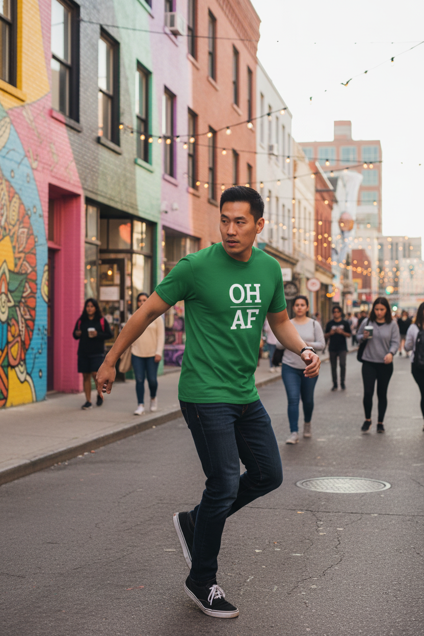 Person wearing green Ohio t-shirt in the Short North Arts District