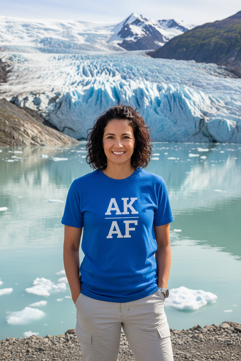 Person wearing blue Alaska t-shirt with glacier backdrop