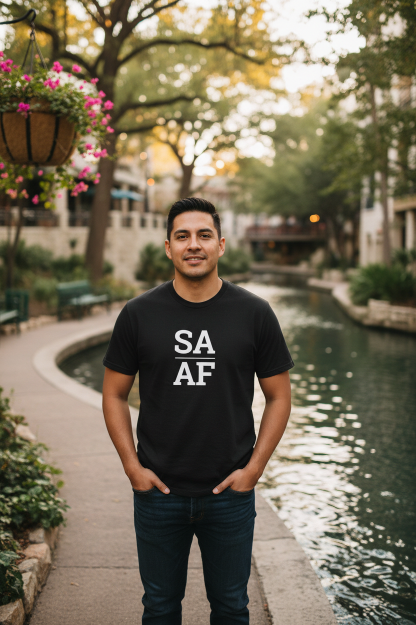 Latino man wearing black SA_AF t-shirt on San Antonio River Walk