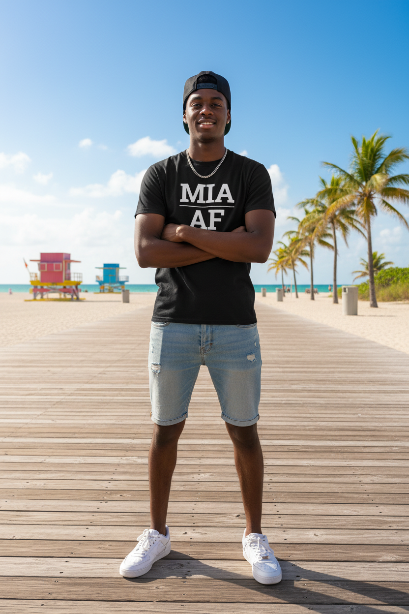 Model wearing MIA_AF black tee at South Beach boardwalk in Miami, FL