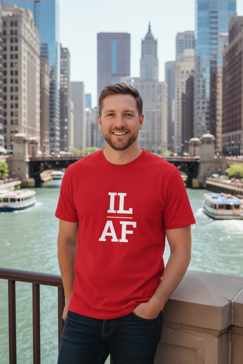 Person wearing red Illinois t-shirt on the Chicago Riverwalk