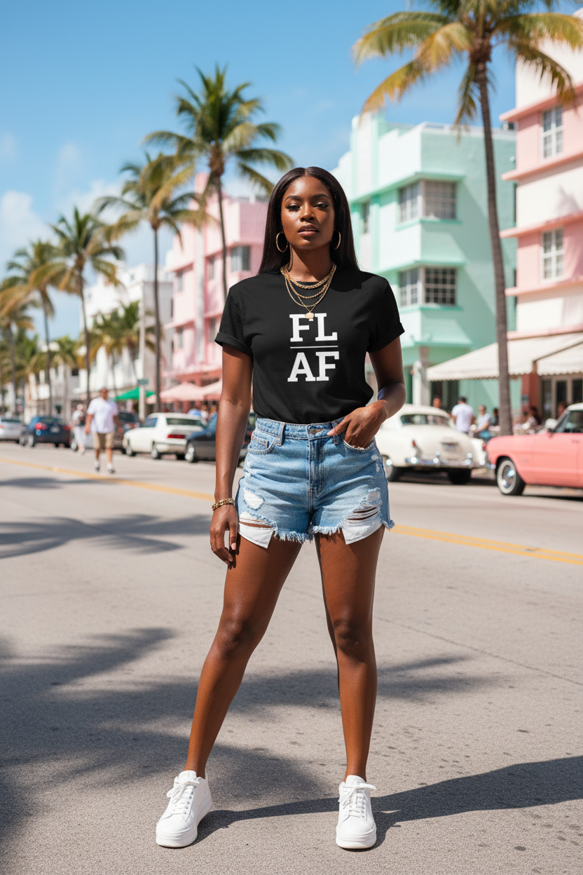 Person wearing black Florida t-shirt at South Beach Miami