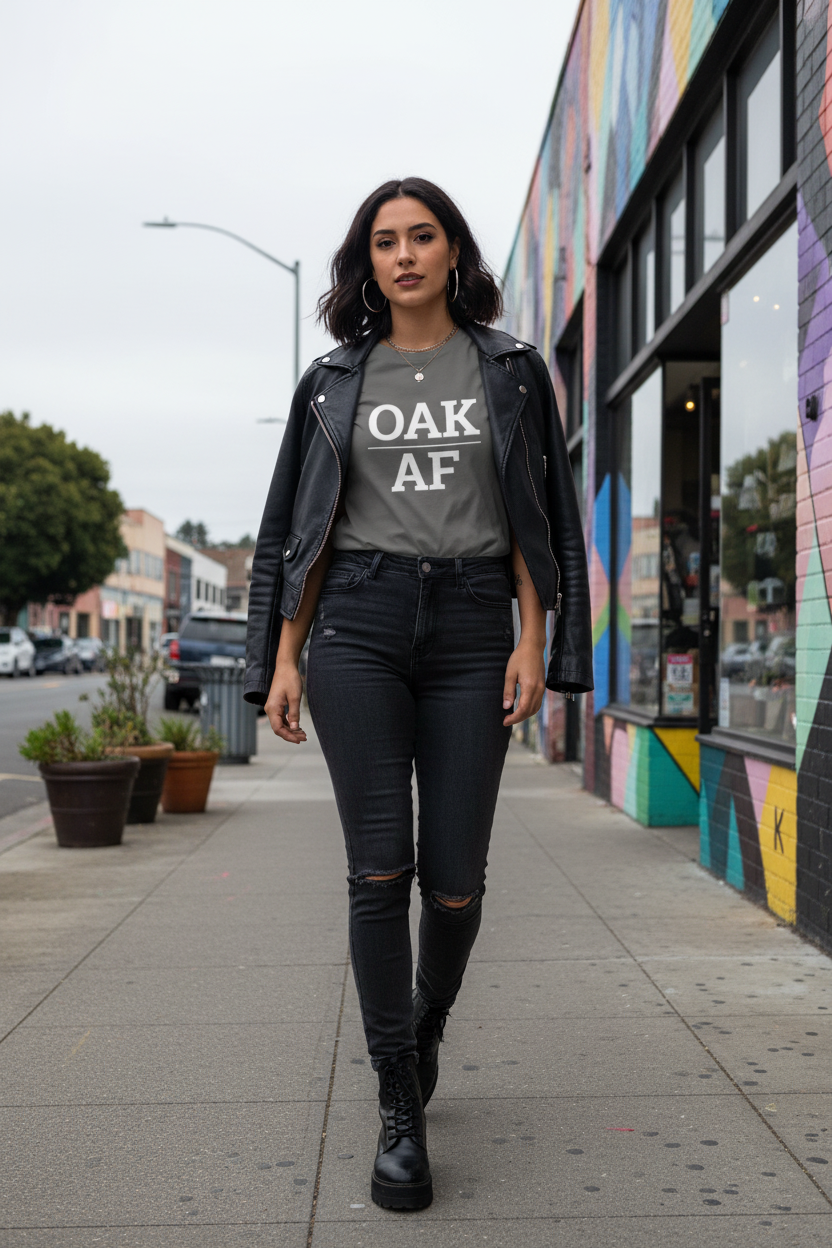 Model wearing OAK_AF charcoal grey tee in the Temescal neighborhood, Oakland, CA