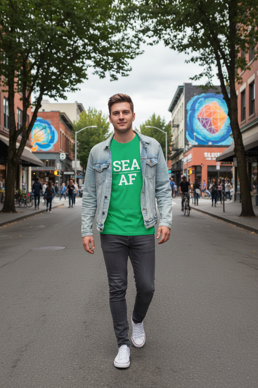 Model wearing SEA_AF irish green tee in Capitol Hill neighborhood, Seattle, WA