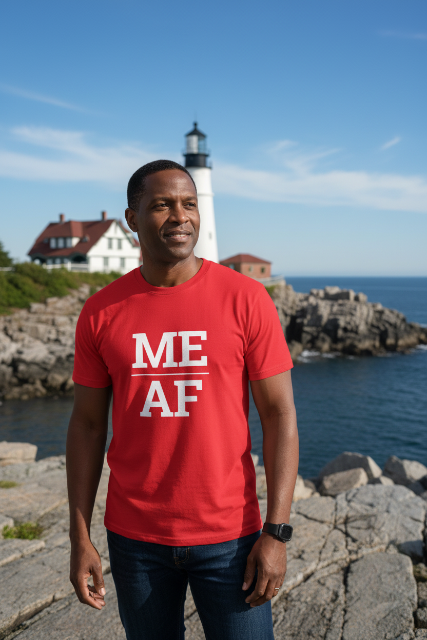 Person wearing red Maine t-shirt at Portland Head Light