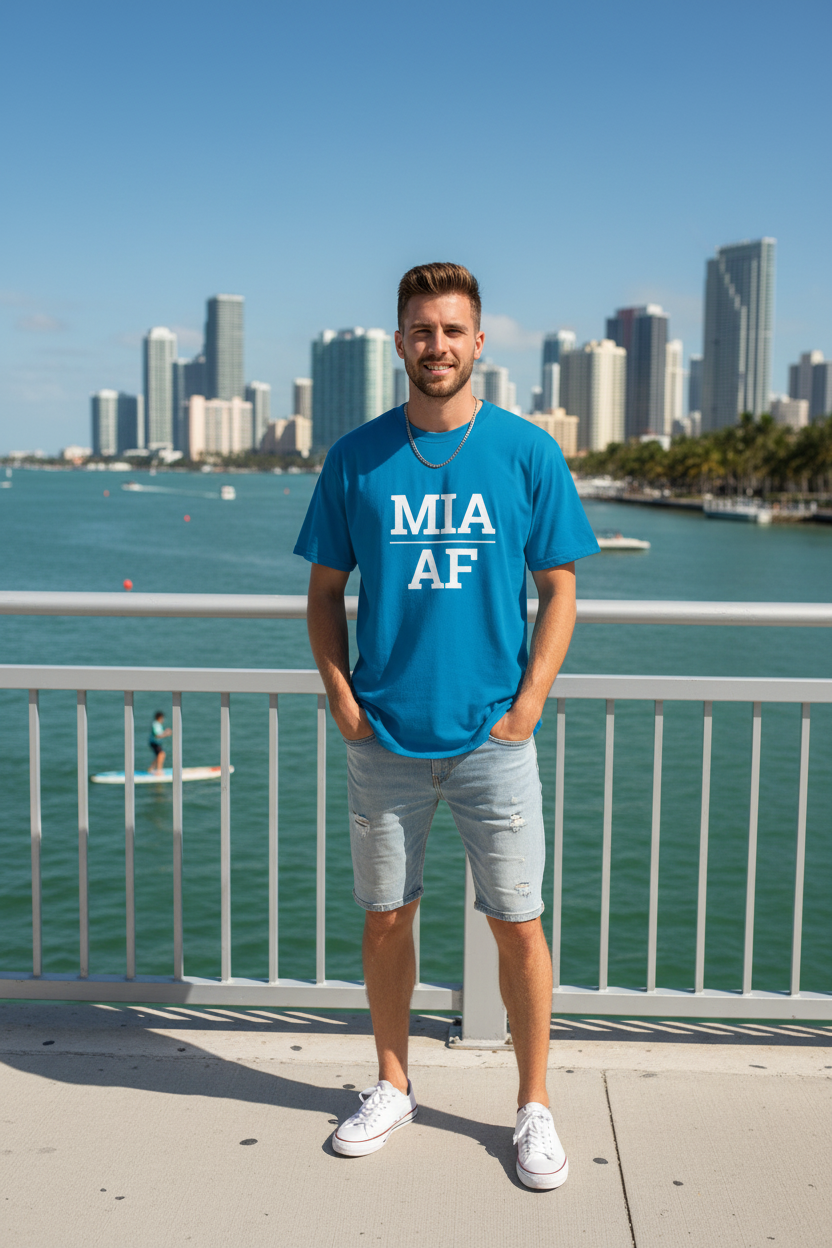 Model wearing MIA_AF sapphire blue tee on the Venetian Causeway in Miami, FL