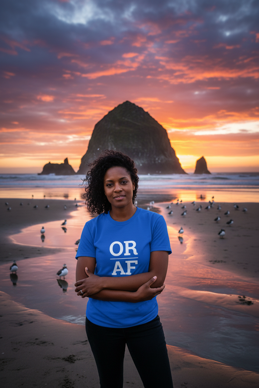 Person wearing blue Oregon t-shirt at Cannon Beach