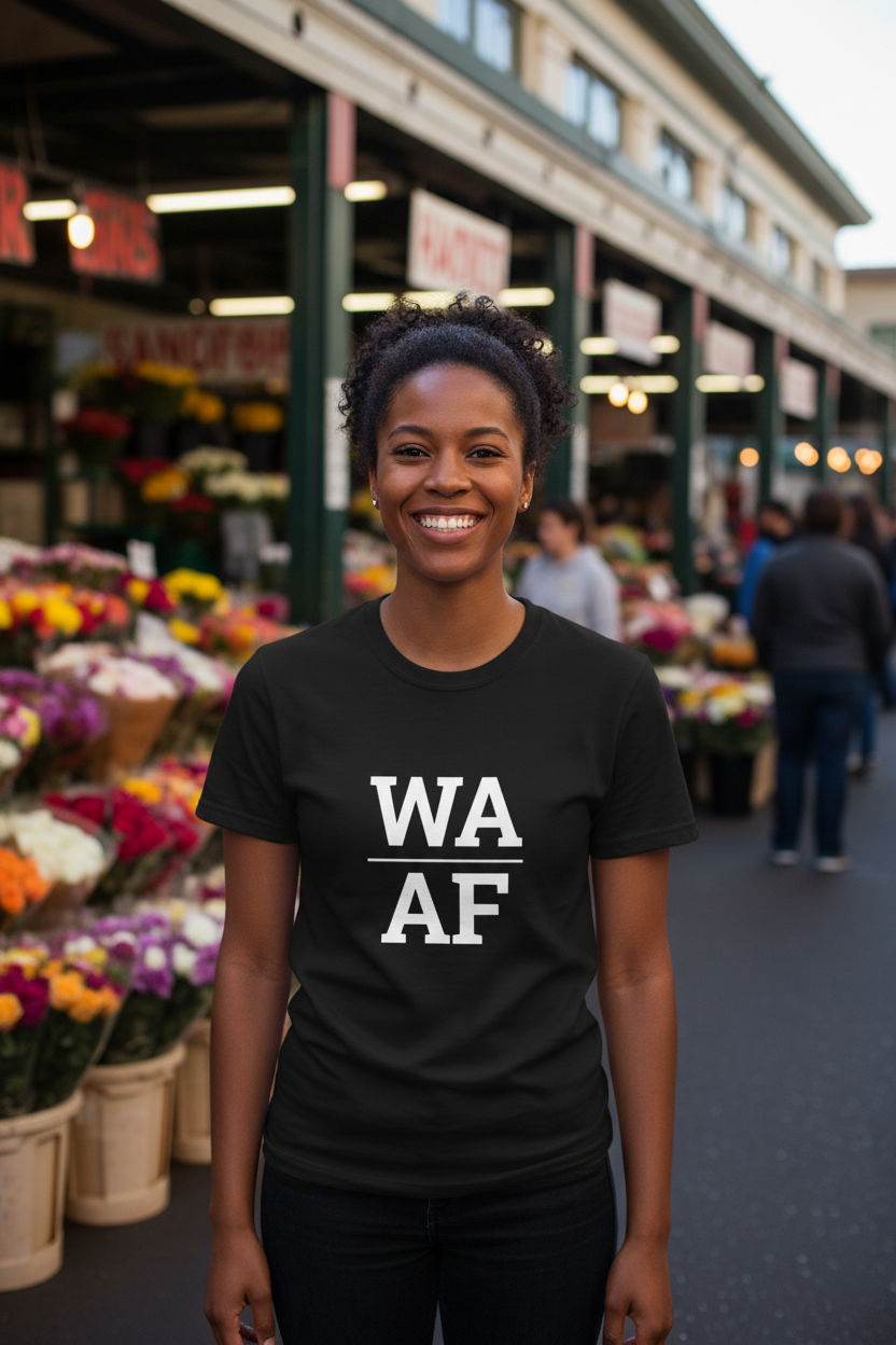 Person wearing black WA_AF t-shirt at Pike Place Market, Seattle