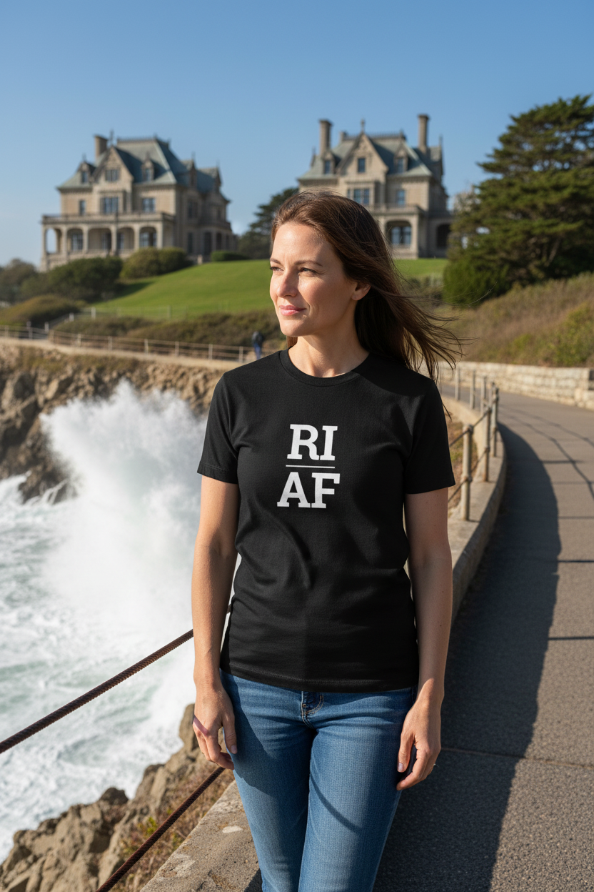 Person wearing black Rhode Island t-shirt on the Newport Cliff Walk