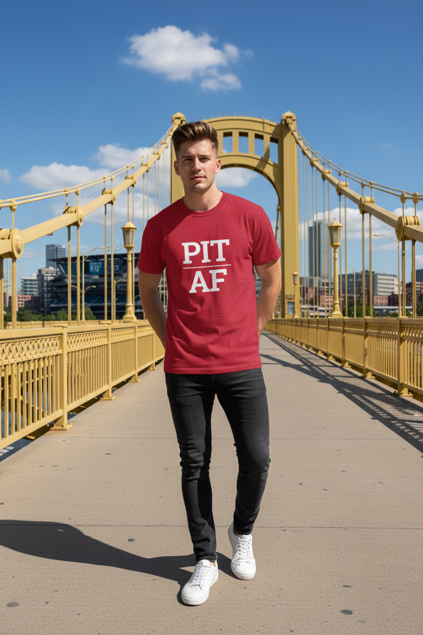 Model wearing PIT_AF cardinal red tee on the Roberto Clemente Bridge, Pittsburgh, PA