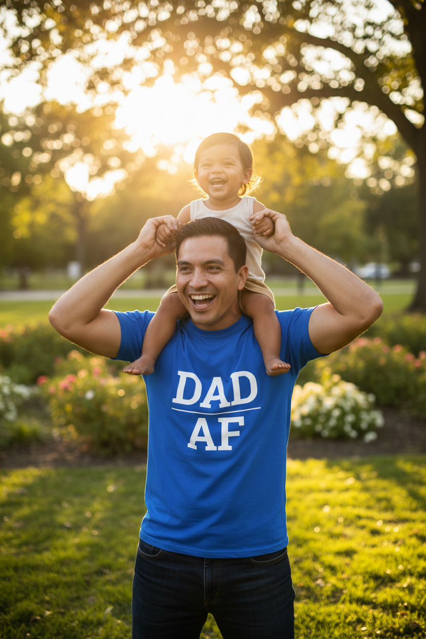 Man wearing blue DAD_AF t-shirt carrying child on shoulders in park