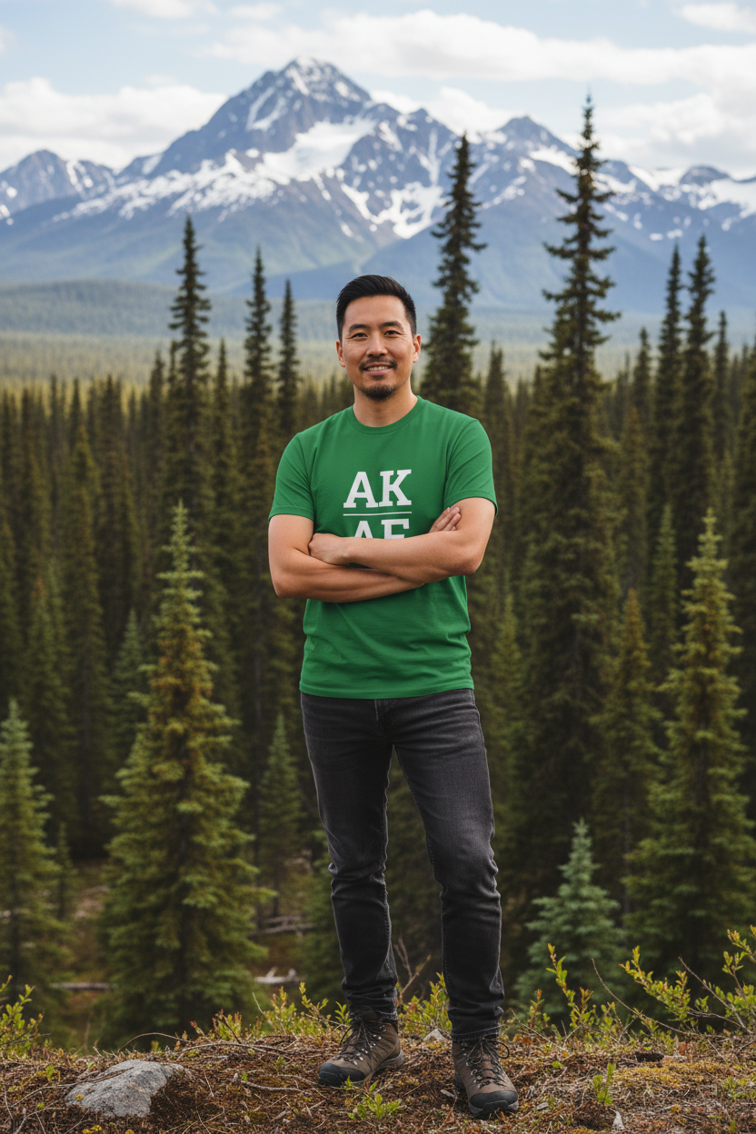 Person wearing green Alaska t-shirt with Alaskan spruce forest backdrop