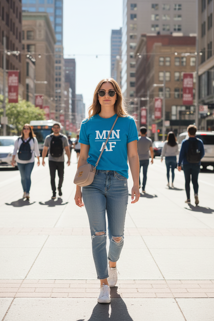 Model wearing MIN_AF sapphire blue tee on Nicollet Mall in Minneapolis, MN