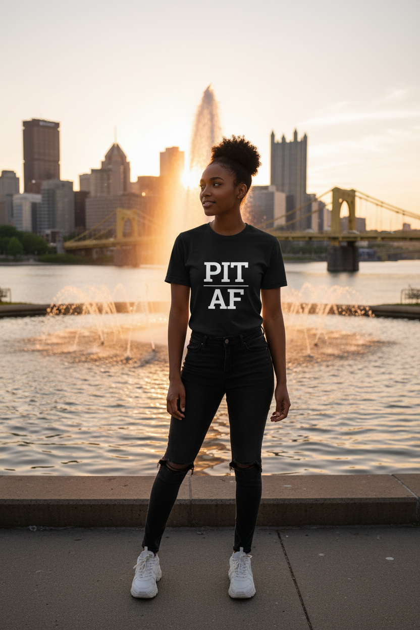 Model wearing PIT_AF black tee at Point State Park fountain, Pittsburgh, PA