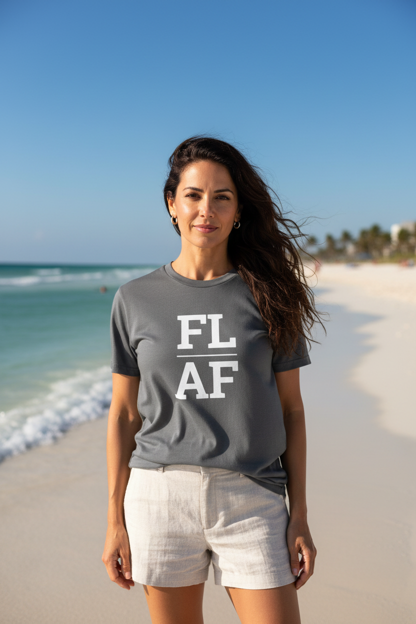 Person wearing grey Florida t-shirt at Clearwater Beach
