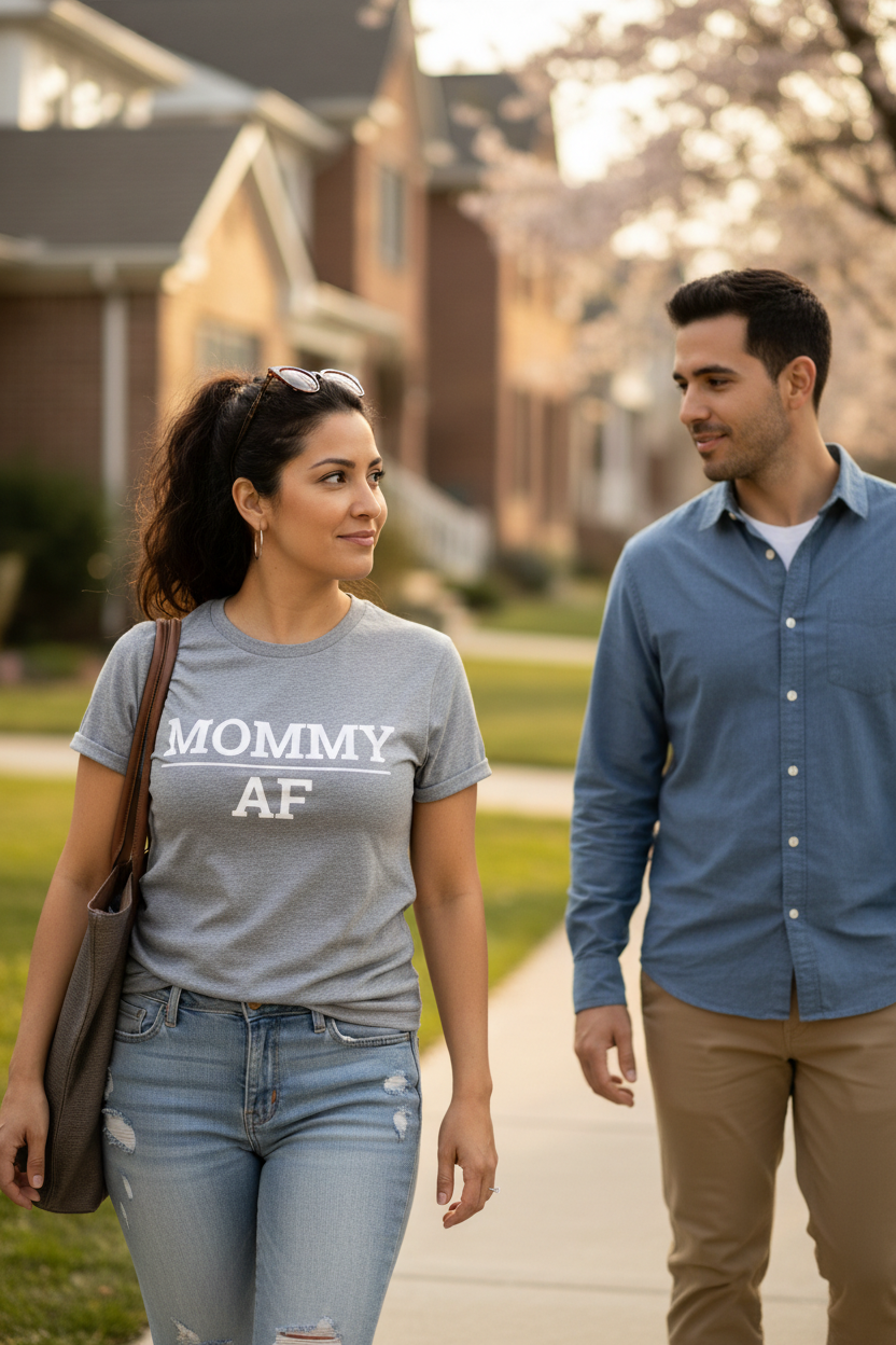 Latina woman wearing grey MOMMY_AF t-shirt, man glancing back admiringly