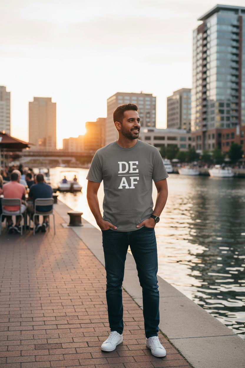 Person wearing grey Delaware t-shirt at Wilmington Riverfront