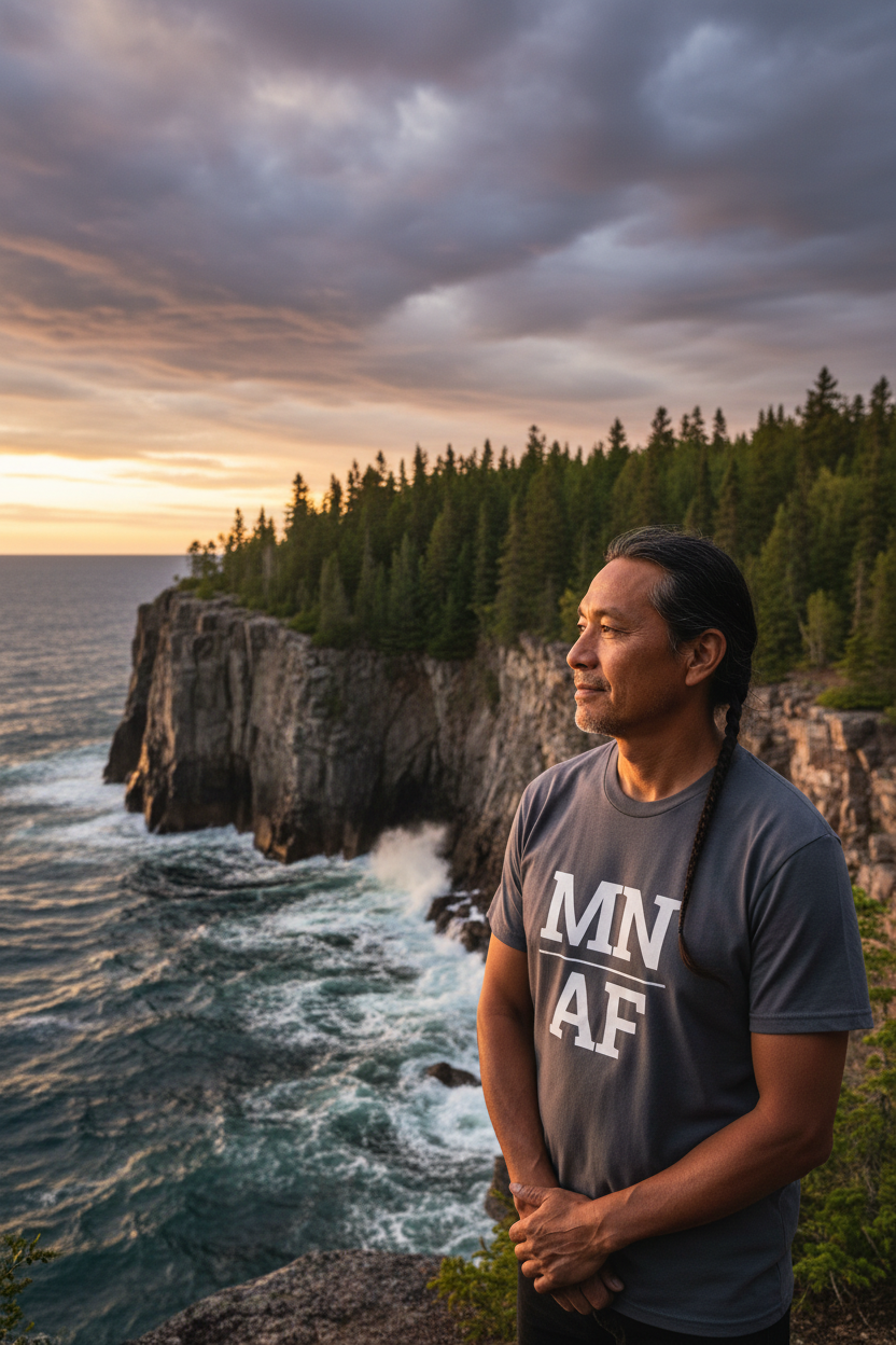Person wearing grey Minnesota t-shirt on the North Shore of Lake Superior