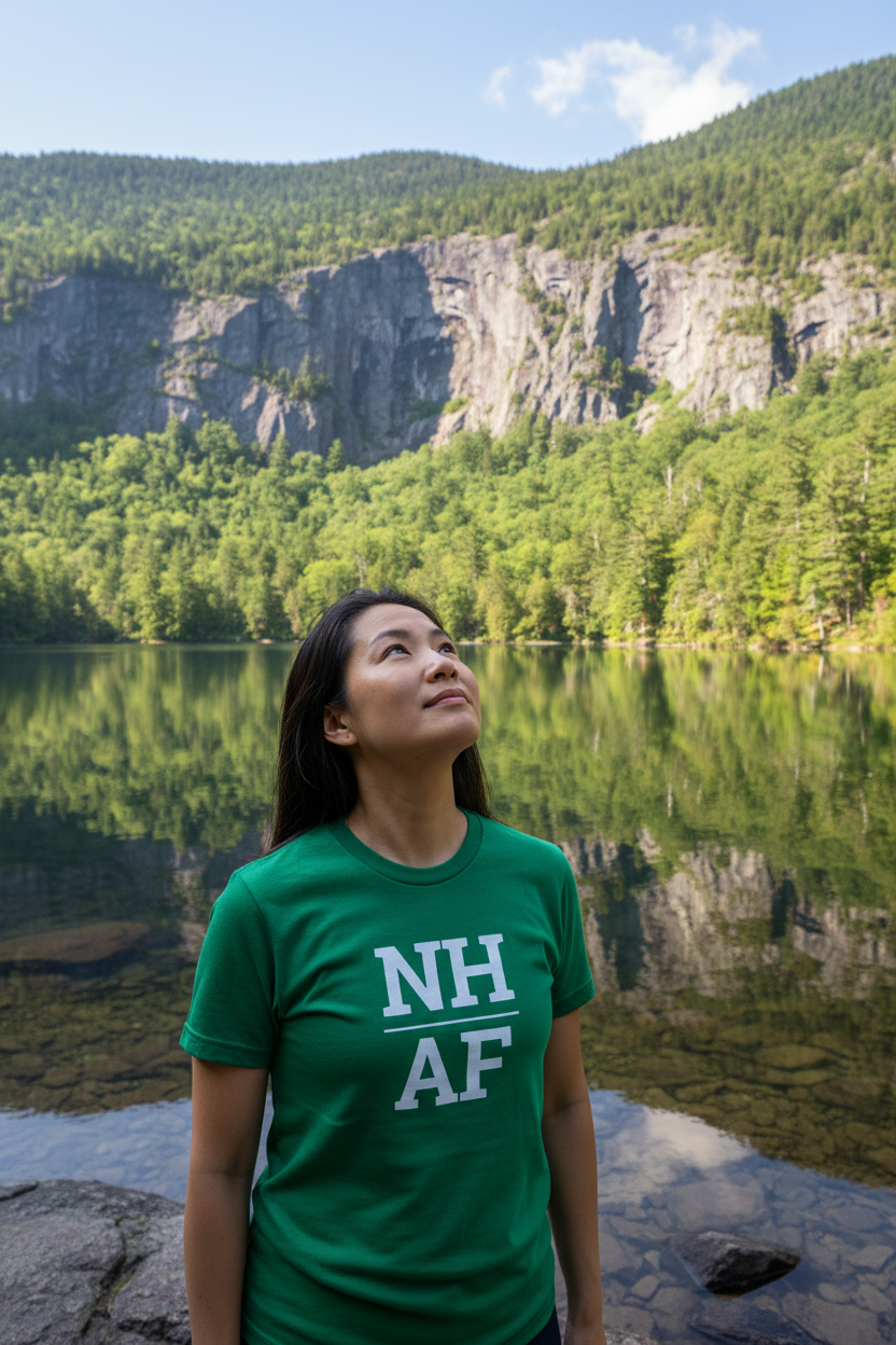 Person wearing green New Hampshire t-shirt at Franconia Notch State Park