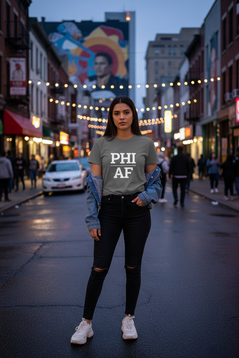Model wearing PHI_AF charcoal grey tee on South Street, Philadelphia, PA