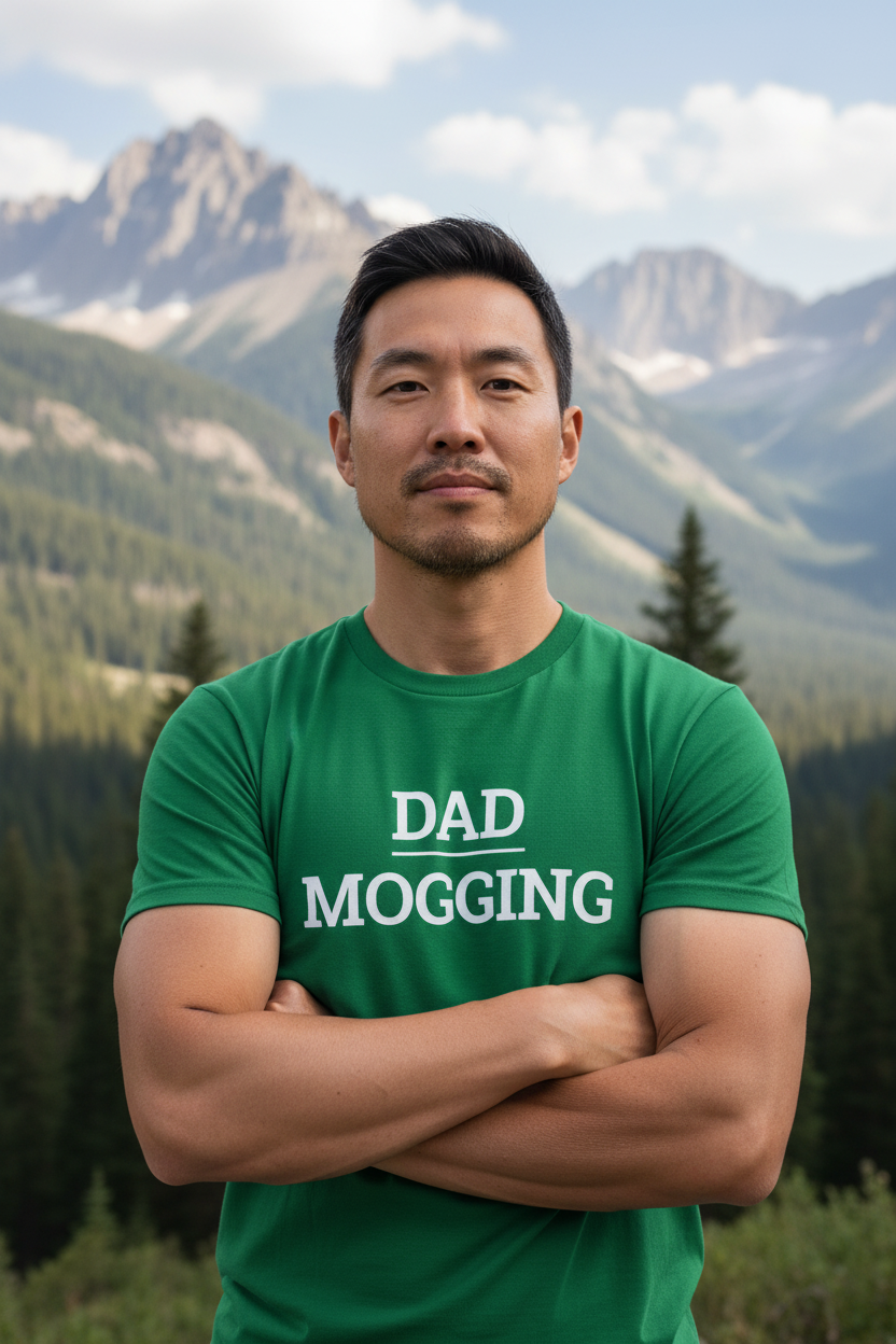 Attractive man wearing green DAD_MOGGING t-shirt with nature backdrop