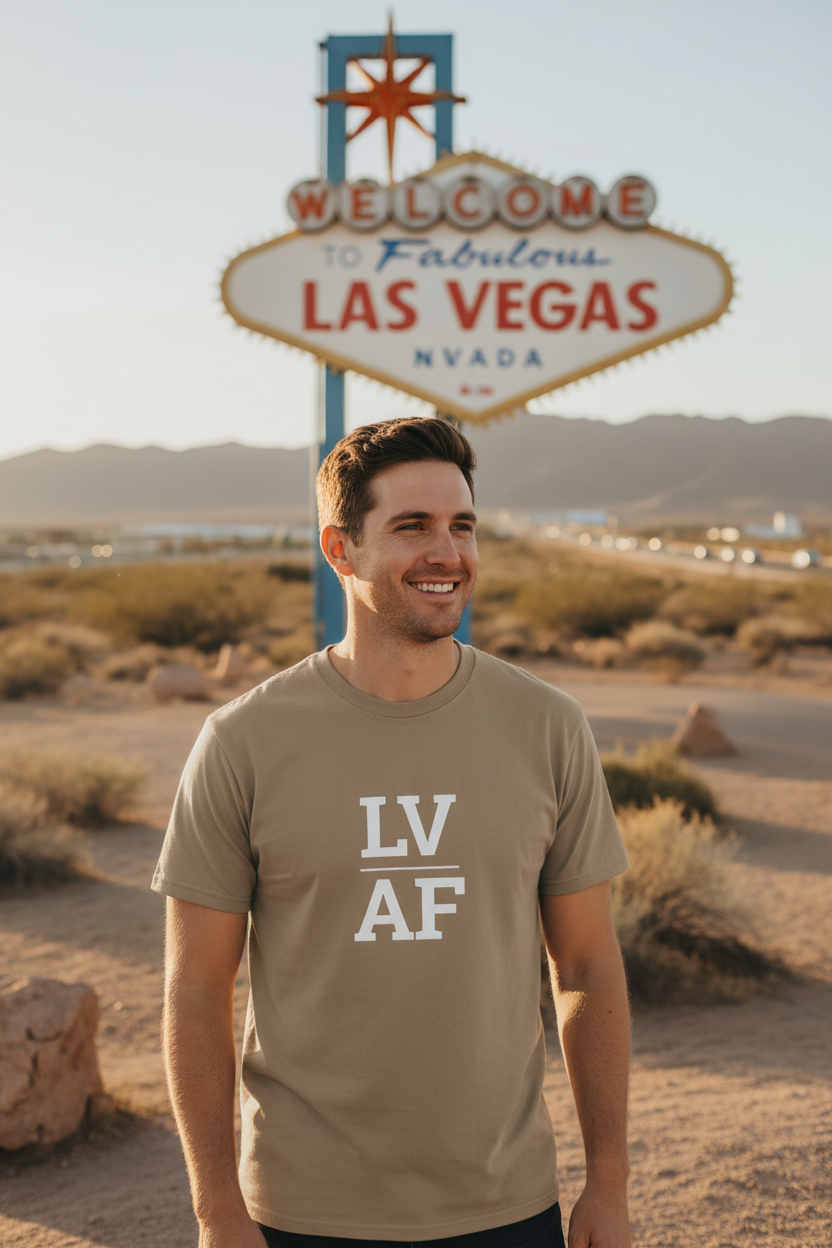 White man wearing brown LV_AF t-shirt at Welcome to Las Vegas sign
