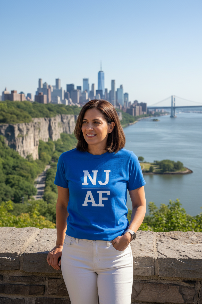 Person wearing blue New Jersey t-shirt at the Palisades overlooking Manhattan