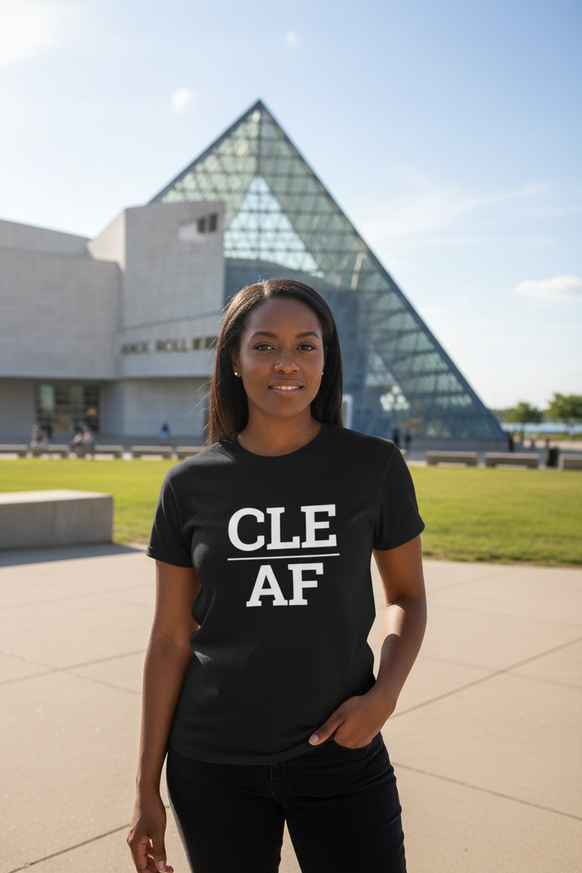 Black woman wearing black CLE_AF t-shirt at Rock and Roll Hall of Fame Cleveland