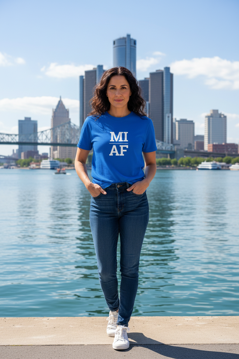 Person wearing blue Michigan t-shirt with Detroit skyline