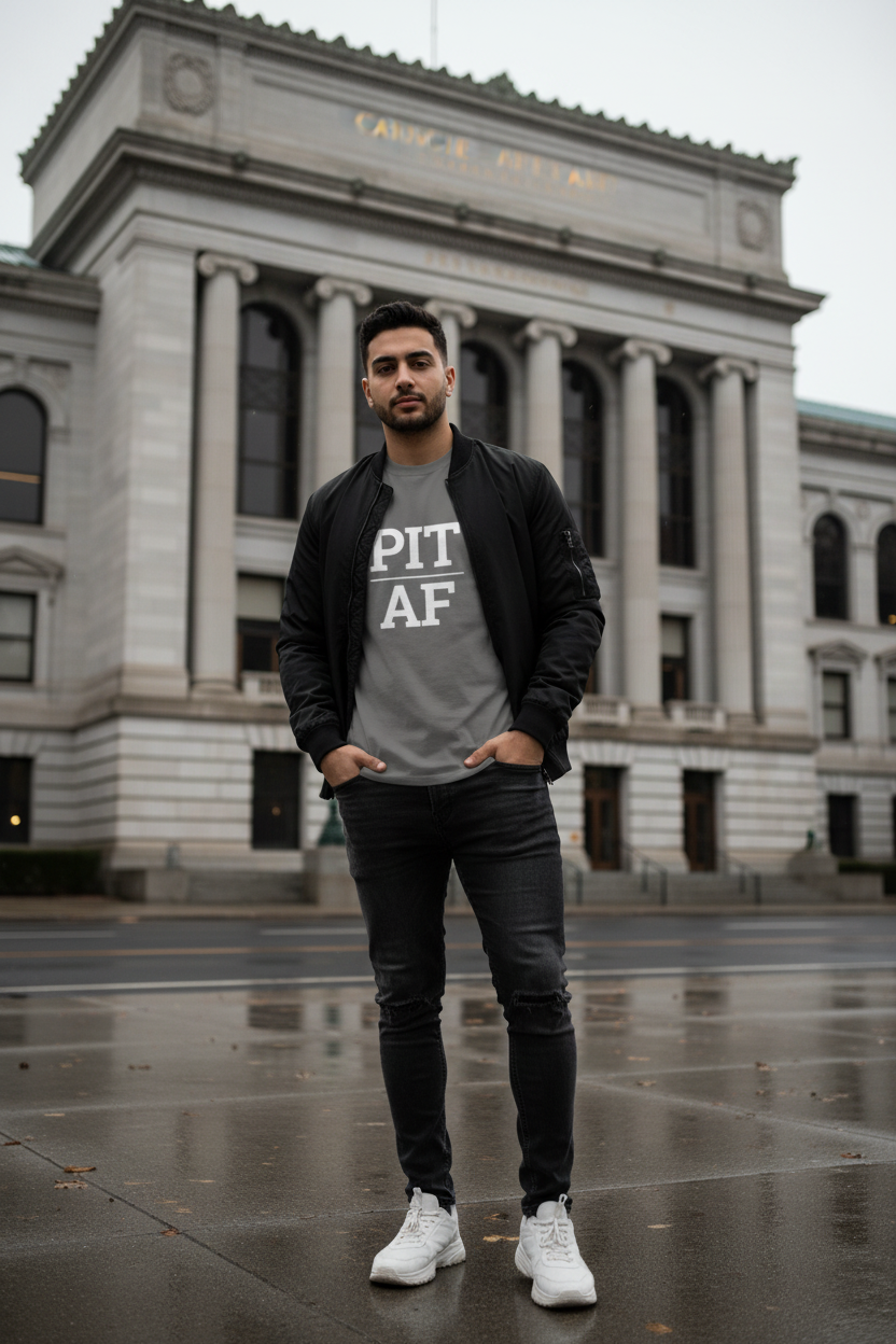 Model wearing PIT_AF charcoal grey tee at the Carnegie Museum of Art, Pittsburgh, PA