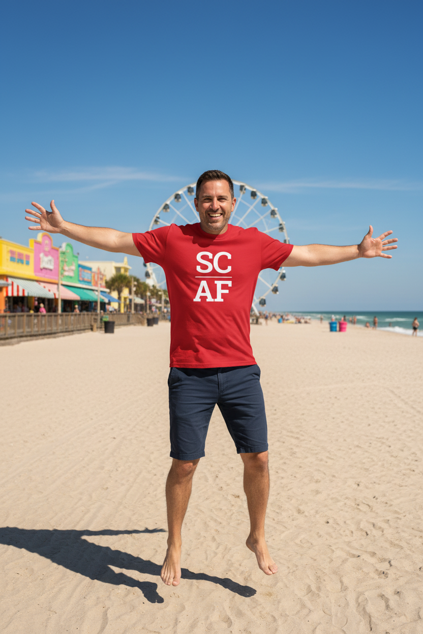 Person wearing red South Carolina t-shirt at Myrtle Beach