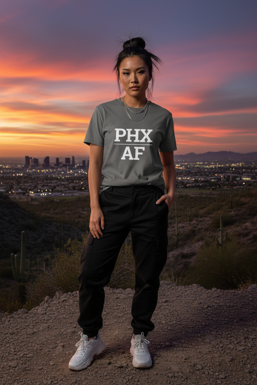 Model wearing PHX_AF charcoal grey tee at South Mountain Park overlook, Phoenix, AZ