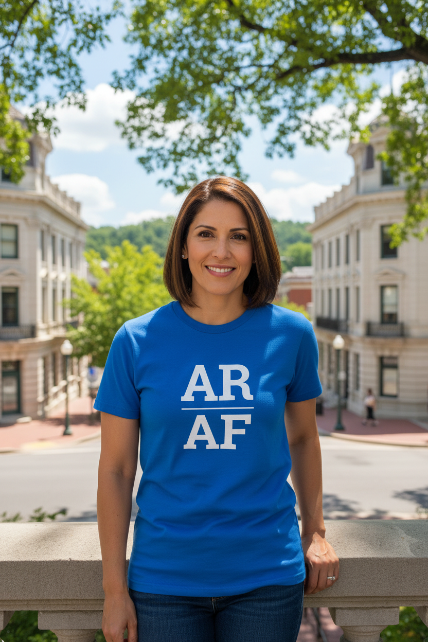 Person wearing blue Arkansas t-shirt in Hot Springs