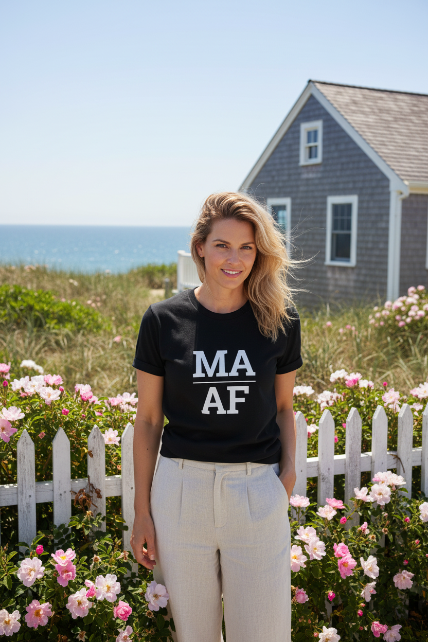 Person wearing black Massachusetts t-shirt at Cape Cod