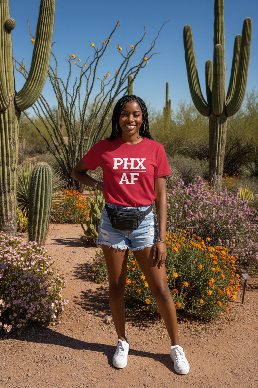 Model wearing PHX_AF cardinal red tee at the Desert Botanical Garden, Phoenix, AZ