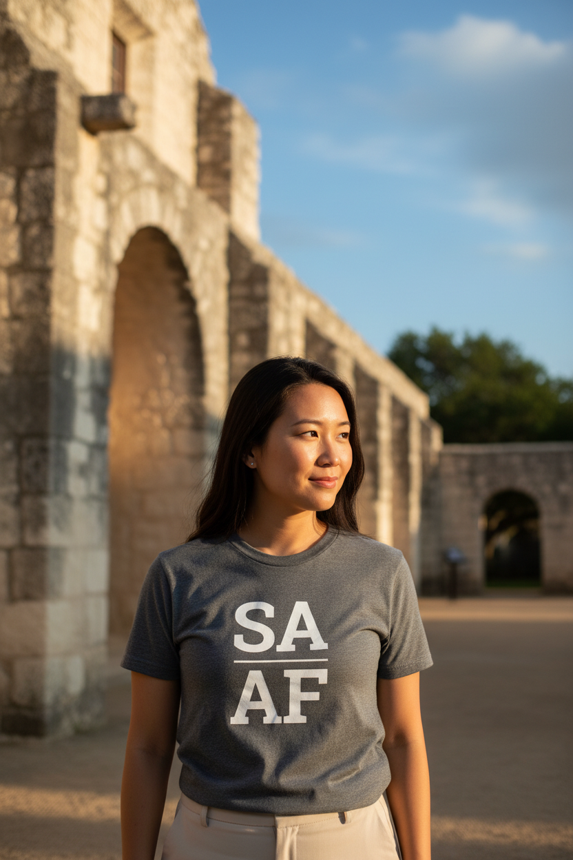 Asian woman wearing charcoal SA_AF t-shirt at Mission San José San Antonio