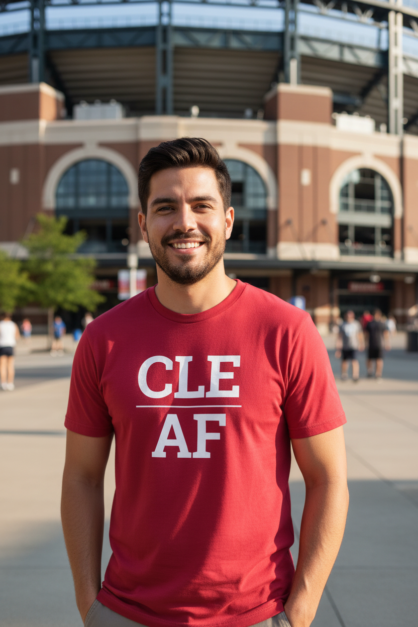 Latino man wearing cardinal CLE_AF t-shirt at Progressive Field Cleveland