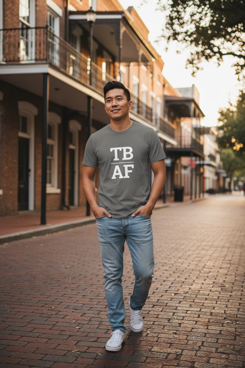 Asian man wearing charcoal TB_AF t-shirt in Ybor City Tampa